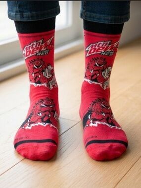 Mountain Dew Cherry Code Red  Logo Crew Socks, Red  shoe sizes 6-12 soda drink